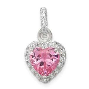 925 Sterling Silver Clear CZ and Pink CZ Heart Necklace Charm Pendant